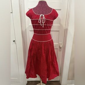 Unique Vintage Red polka dot dress with piping, Size S